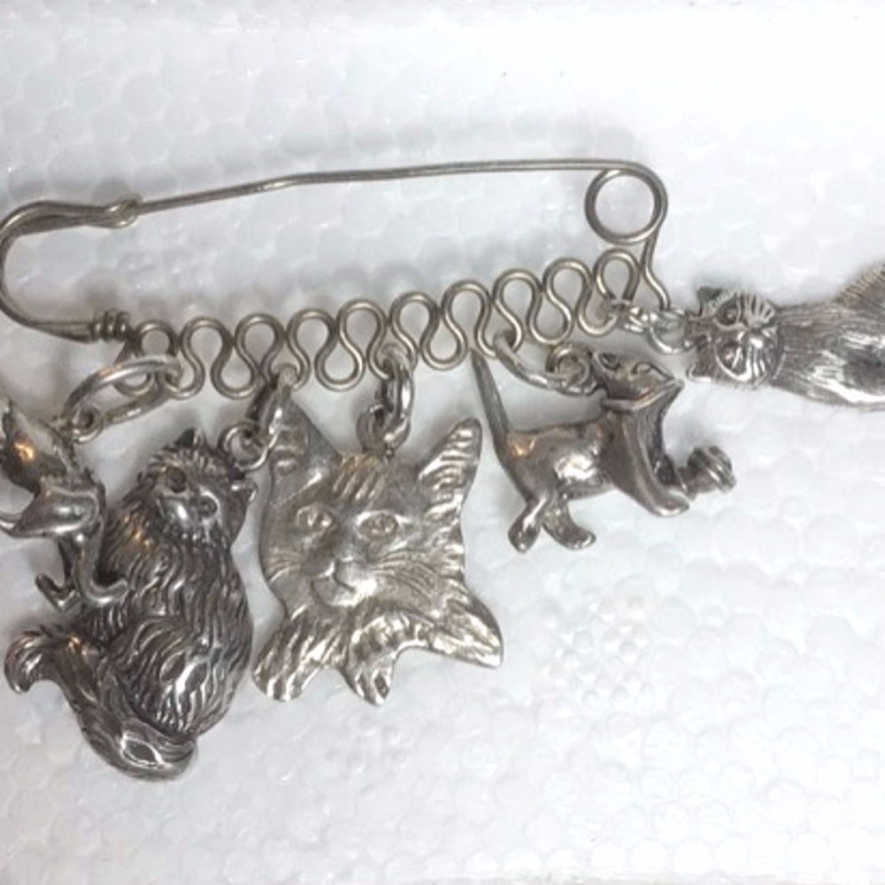 Vintage Safety Pin Cat Brooch 925 Sterling Silver 5 Cat Charms Pendants